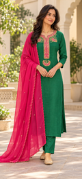 Green Silk Suit with Pink Dupatta