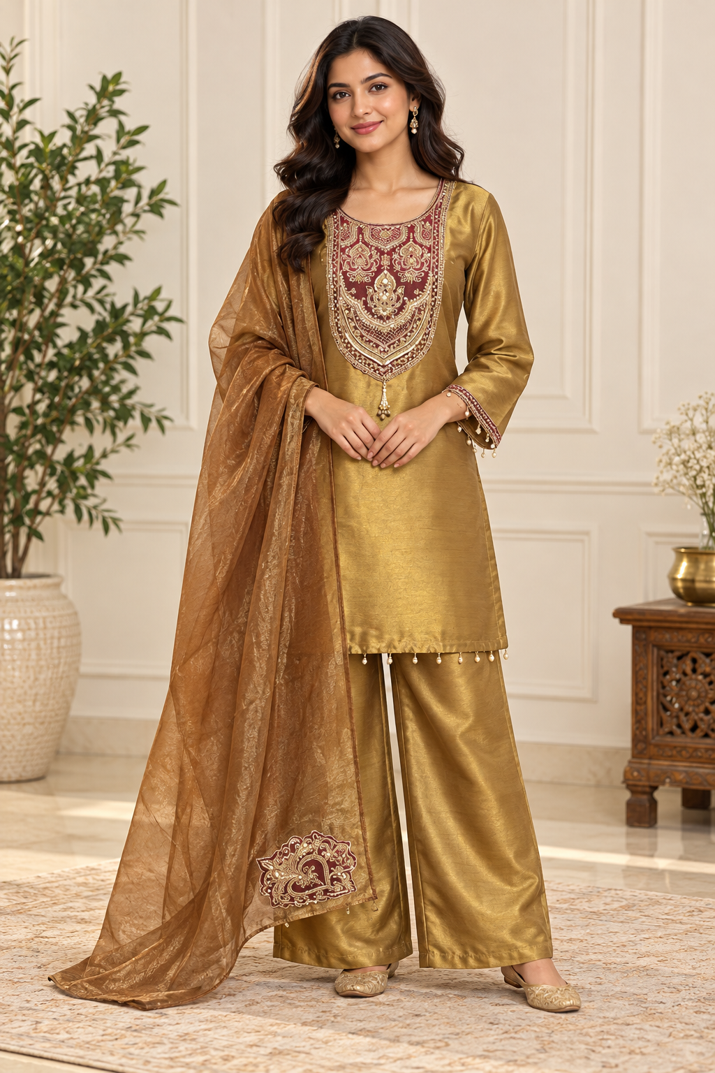Golden Tissue Embroidered Suit