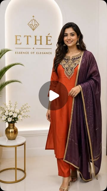 Orange Silk A-Line Suit with Pearl Tassels