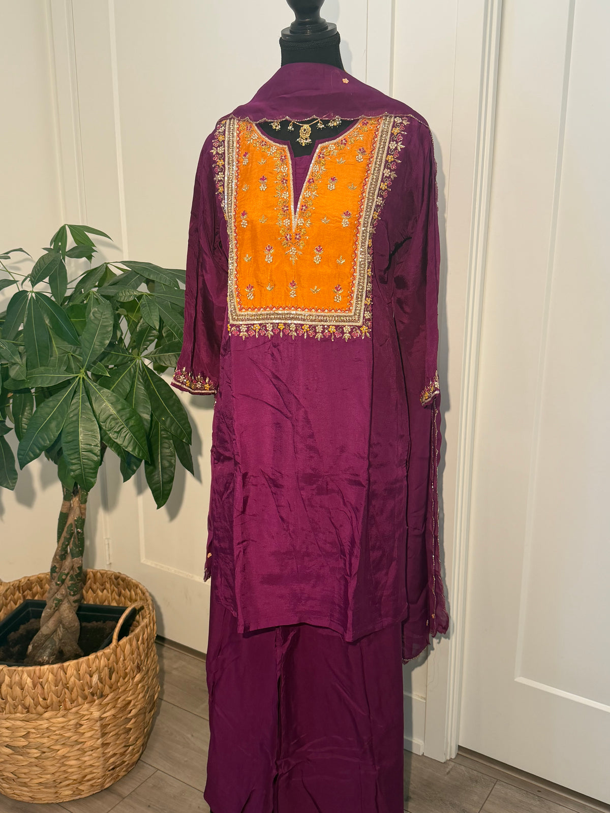 Mango & Magenta Silk Handwork Suit