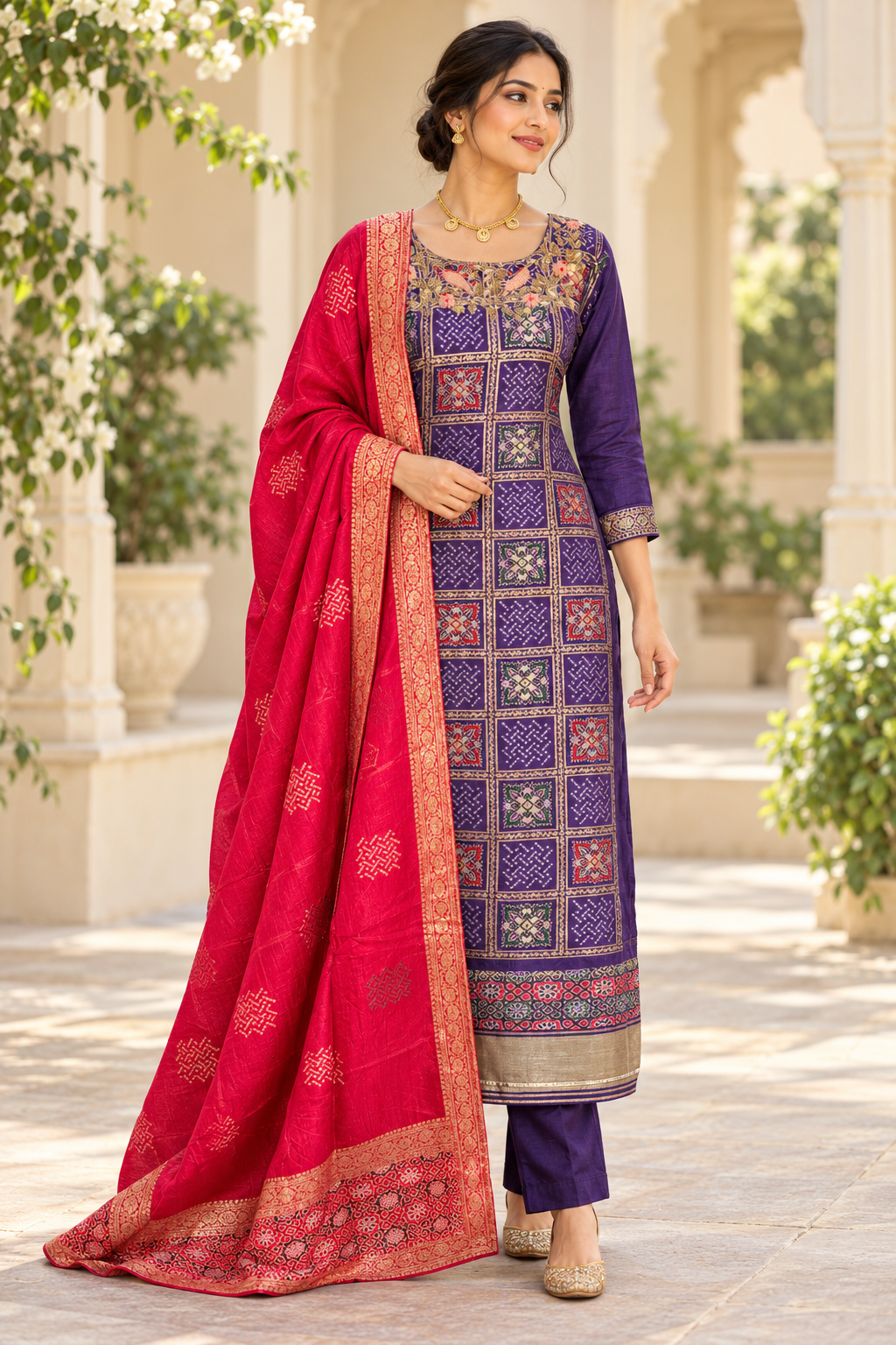 Purple Silk Suit with Peacock Motifs