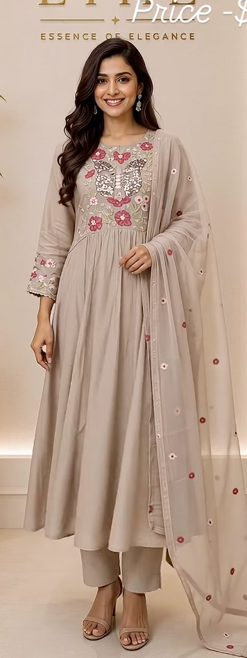 Beige Butterfly Embroidered Suit