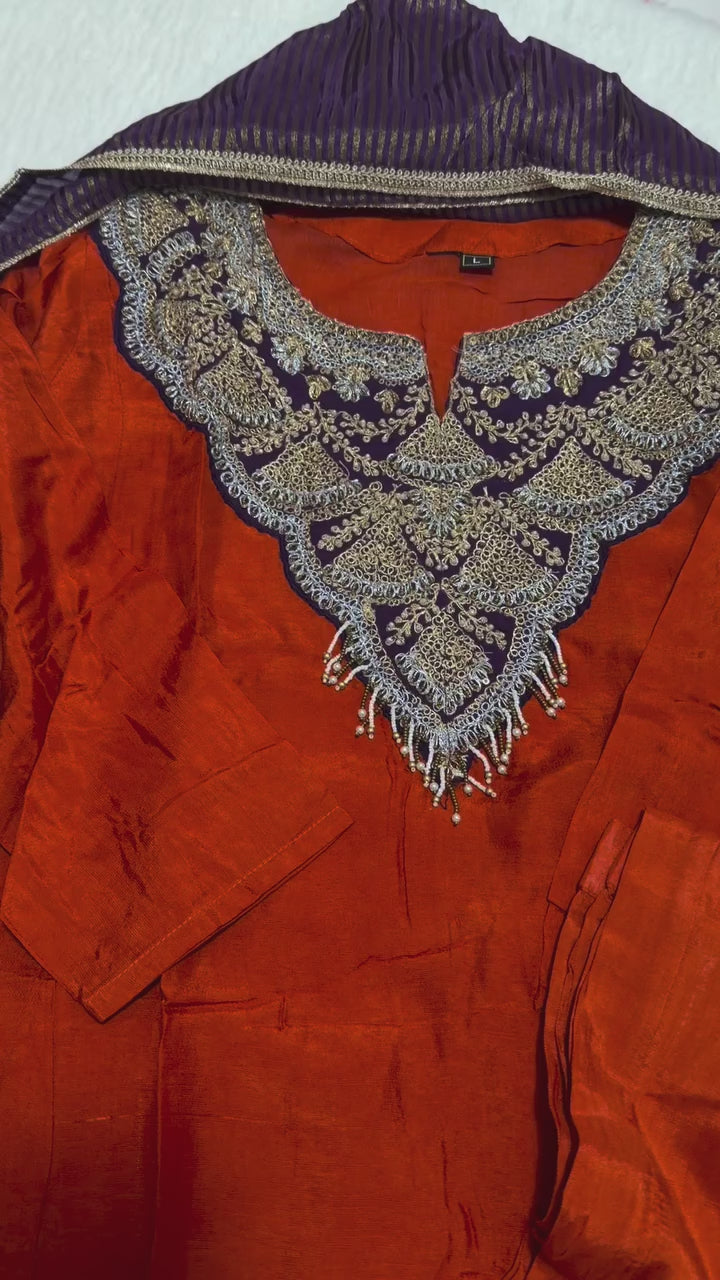 Ruby Red Silk Suit with Purple Dupatta