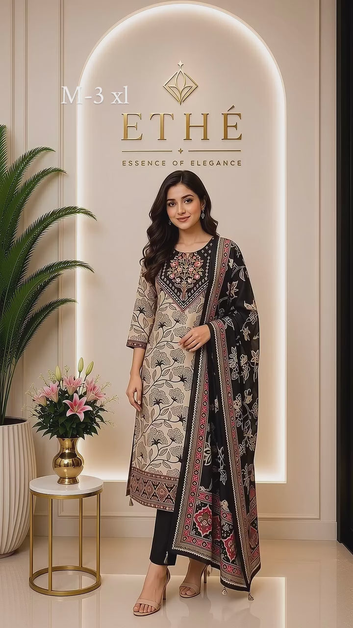 Beige & Black Mul Chanderi Cotton Suit