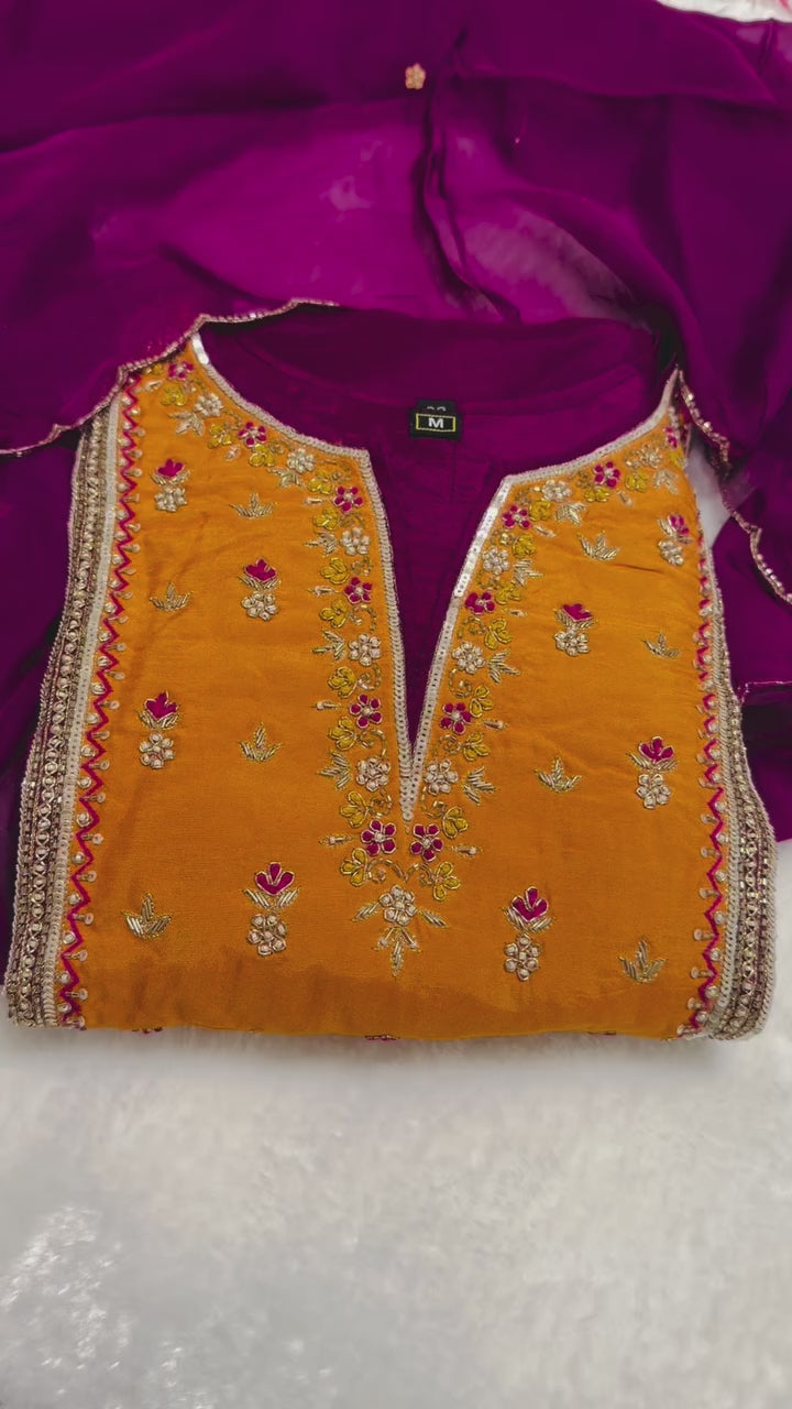 Mango & Magenta Silk Handwork Suit