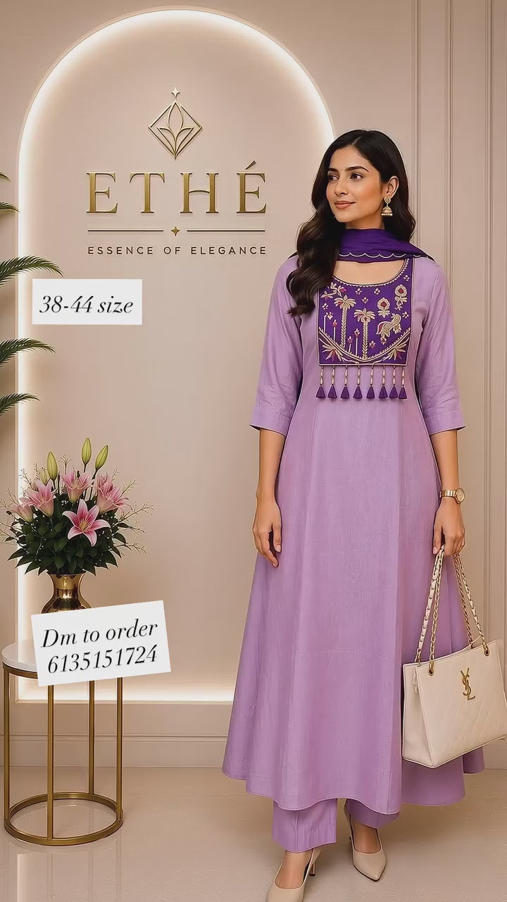 Lilac Silk A-Line Zardosi Suit