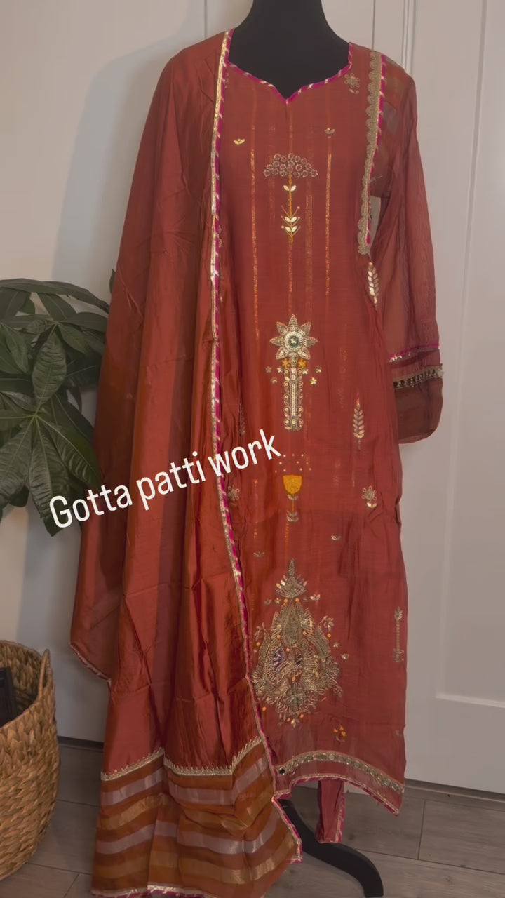 Rust Mul Chanderi Gotta Patti Suit