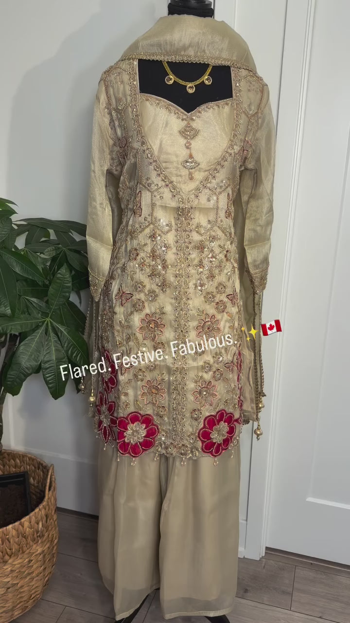 Ivory Sharara Suit with Red Applique