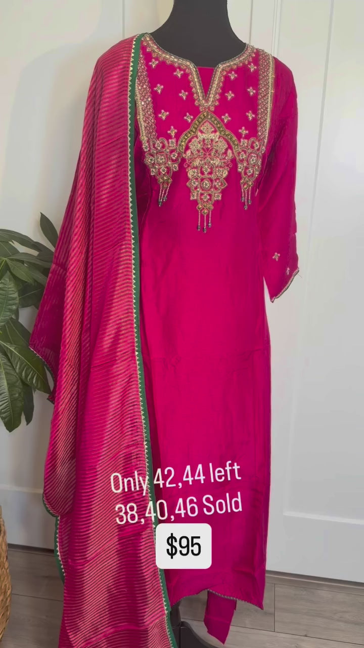 Fuchsia Pink Silk Suit with Tassels
