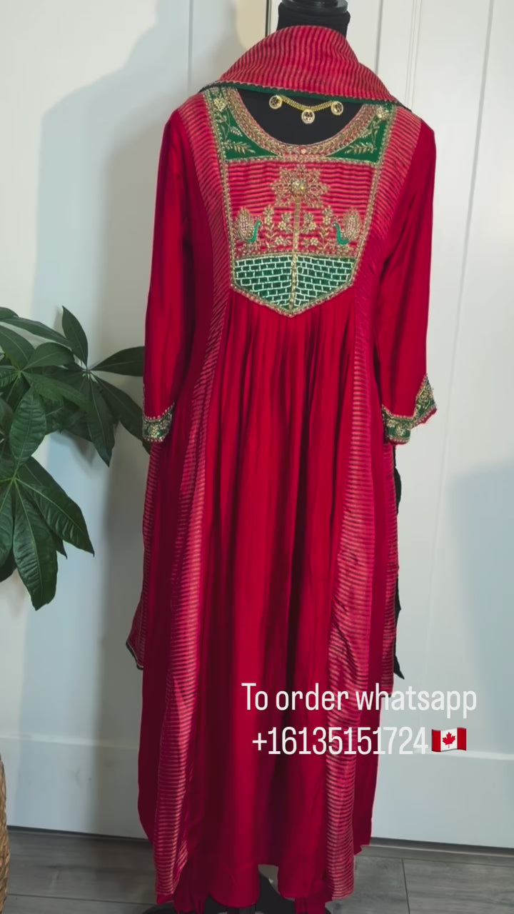 Red Dola Silk Suit with Green Handwork