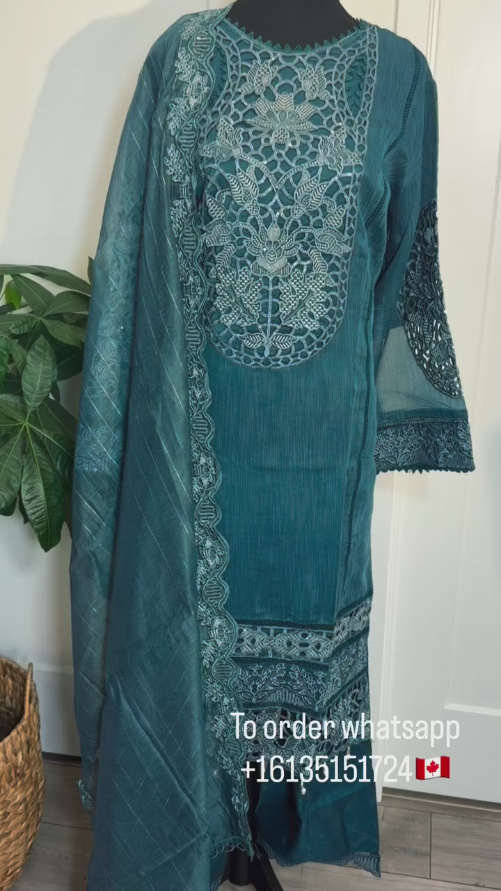 Teal Schiffli Pearl Tassel Pakistani Suit