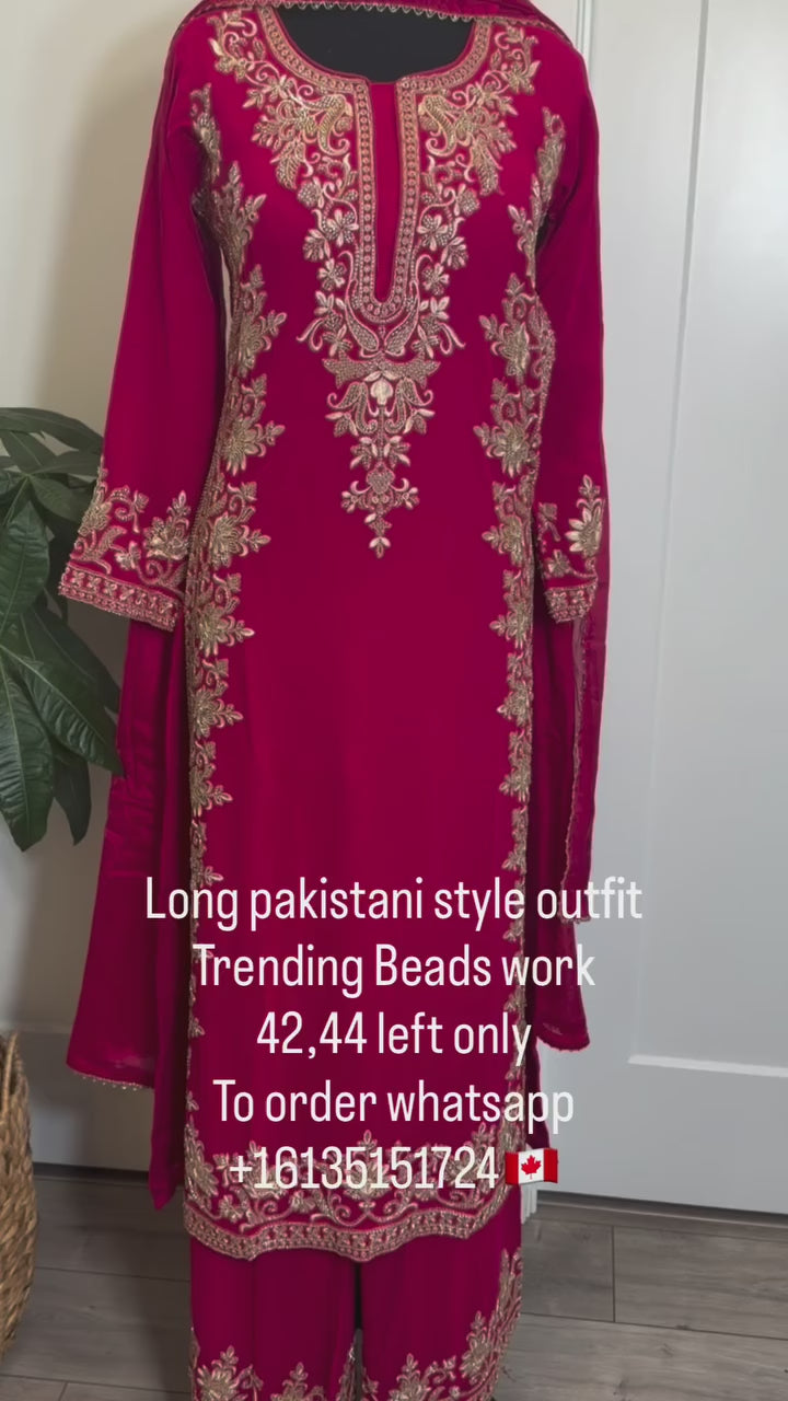 Deep Pink Beaded Pakistani Long Suit