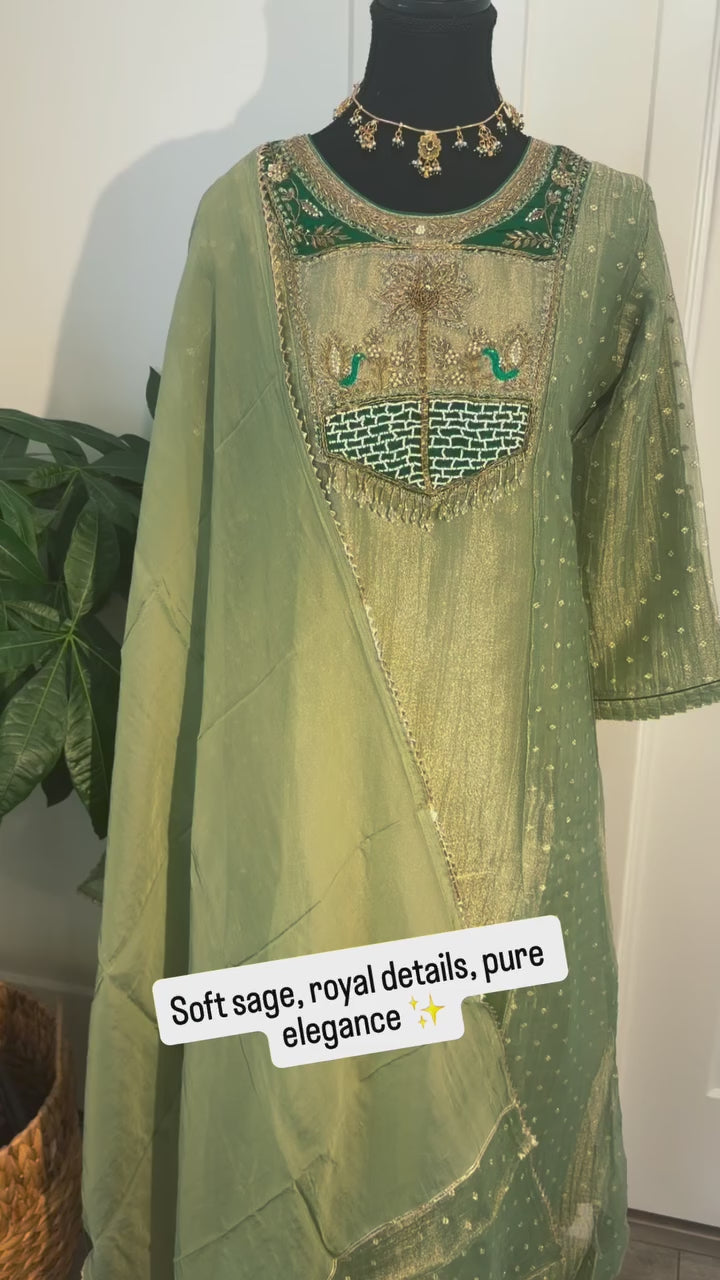 Sage Green Pearl Handwork Suit