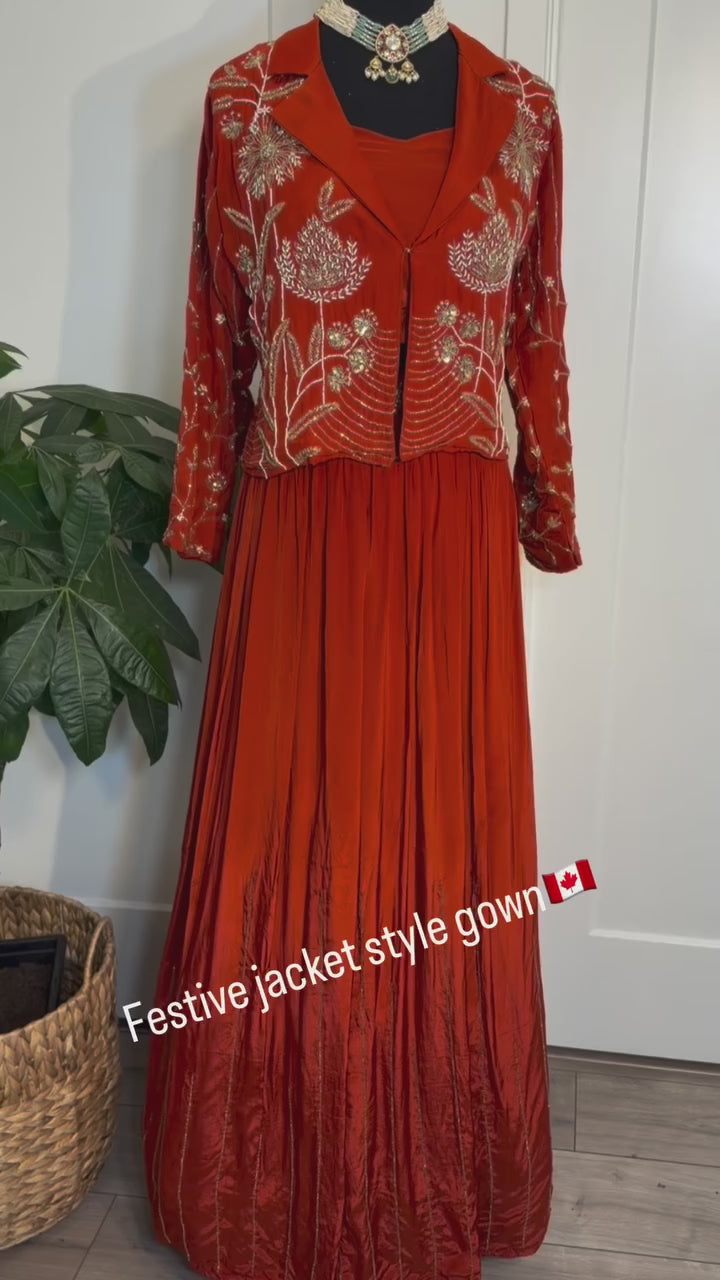 Rust Orange Jacket-Style Gown Set