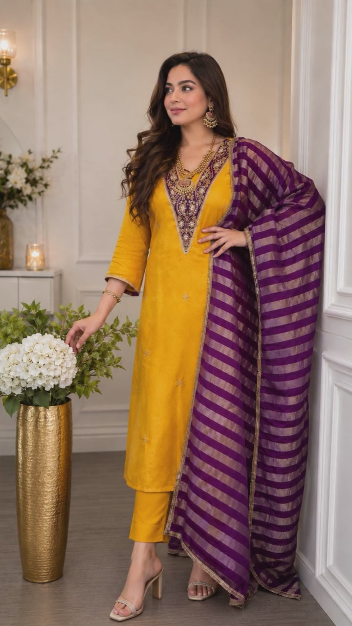 Mustard Suit with Purple Striped Dupatta