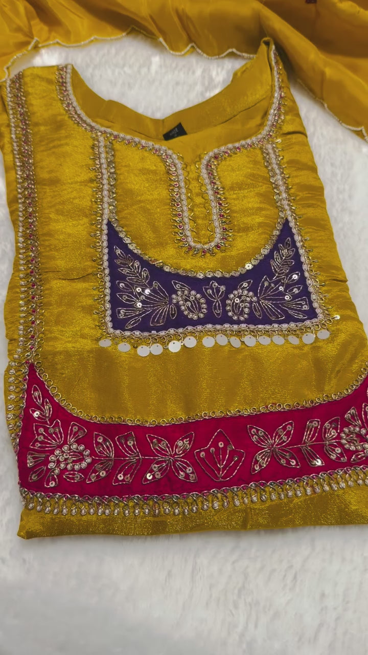 Mustard Tissue Silk Embroidered 3-Piece Suit