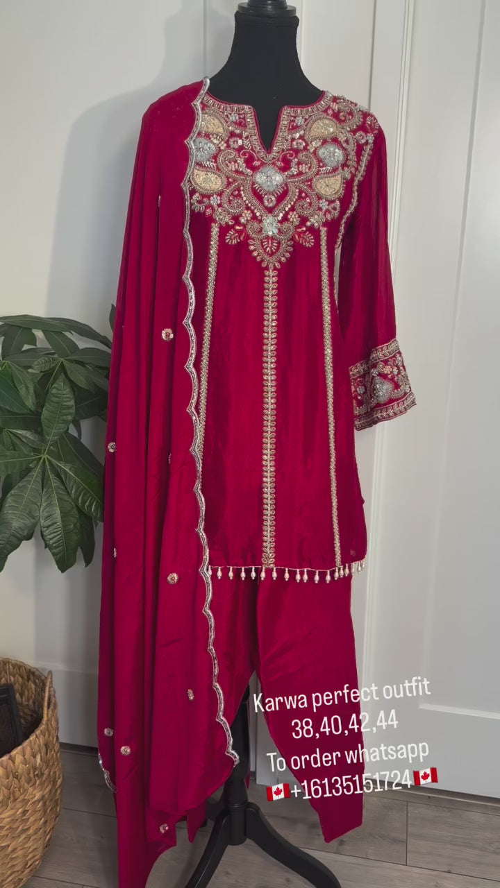Red Chinon Farshi Salwar Suit