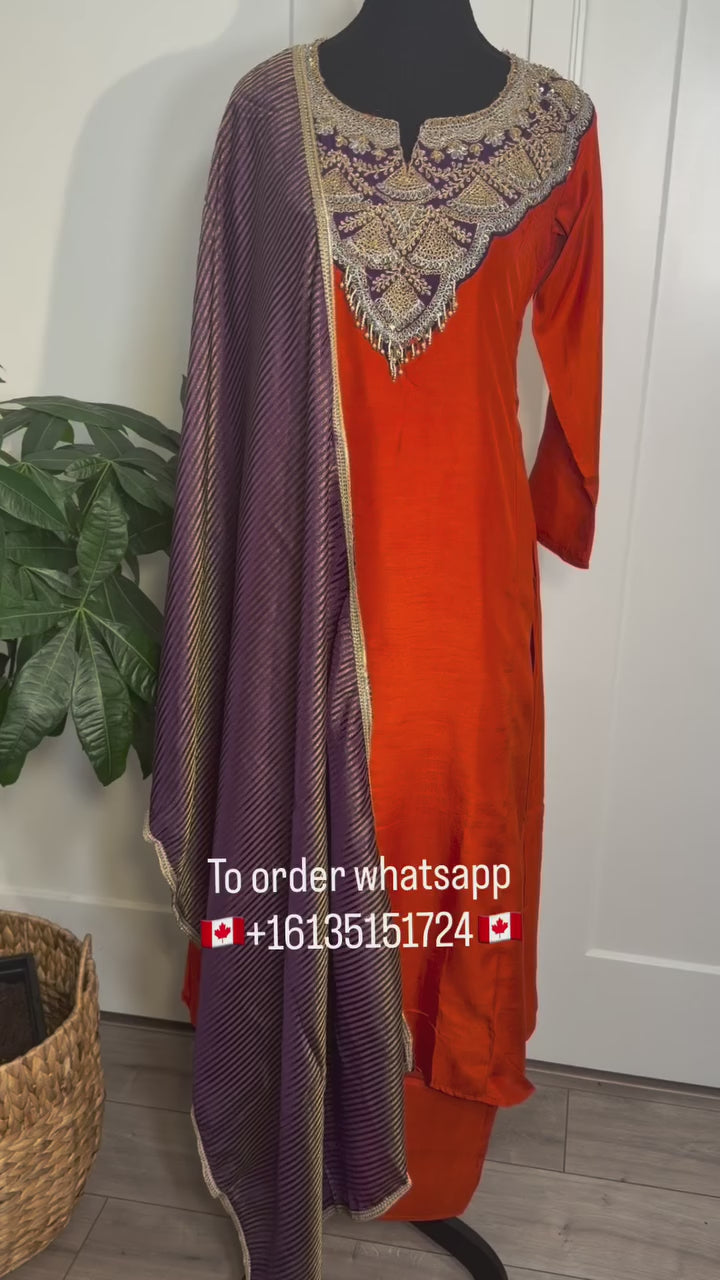 Dola Silk Applique Suit with Contrast Dupatta