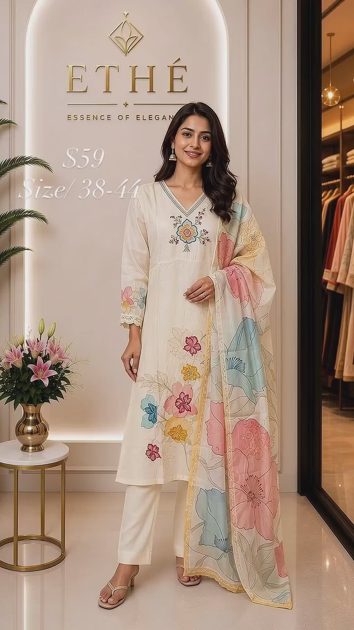 Ivory Floral Embroidered 3-Piece Suit