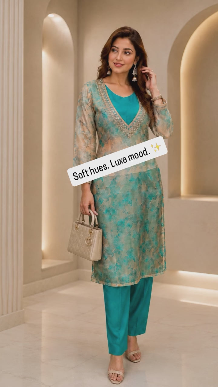 Aqua Blue Printed Overlay Suit