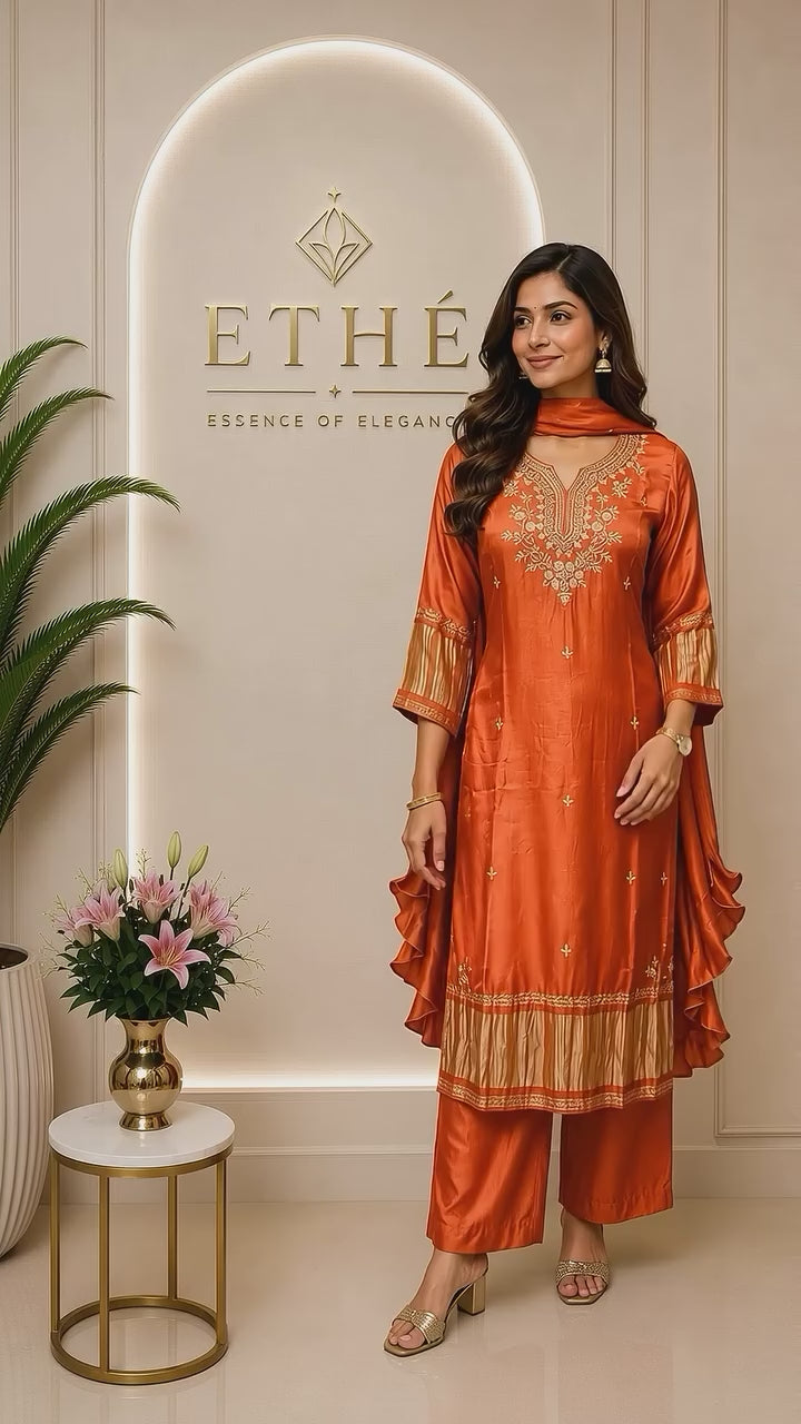 Orange Pure Gajji Silk 3-Piece Suit