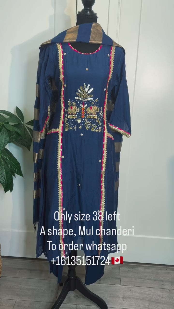 Navy Mul Chanderi Pitta Work Suit