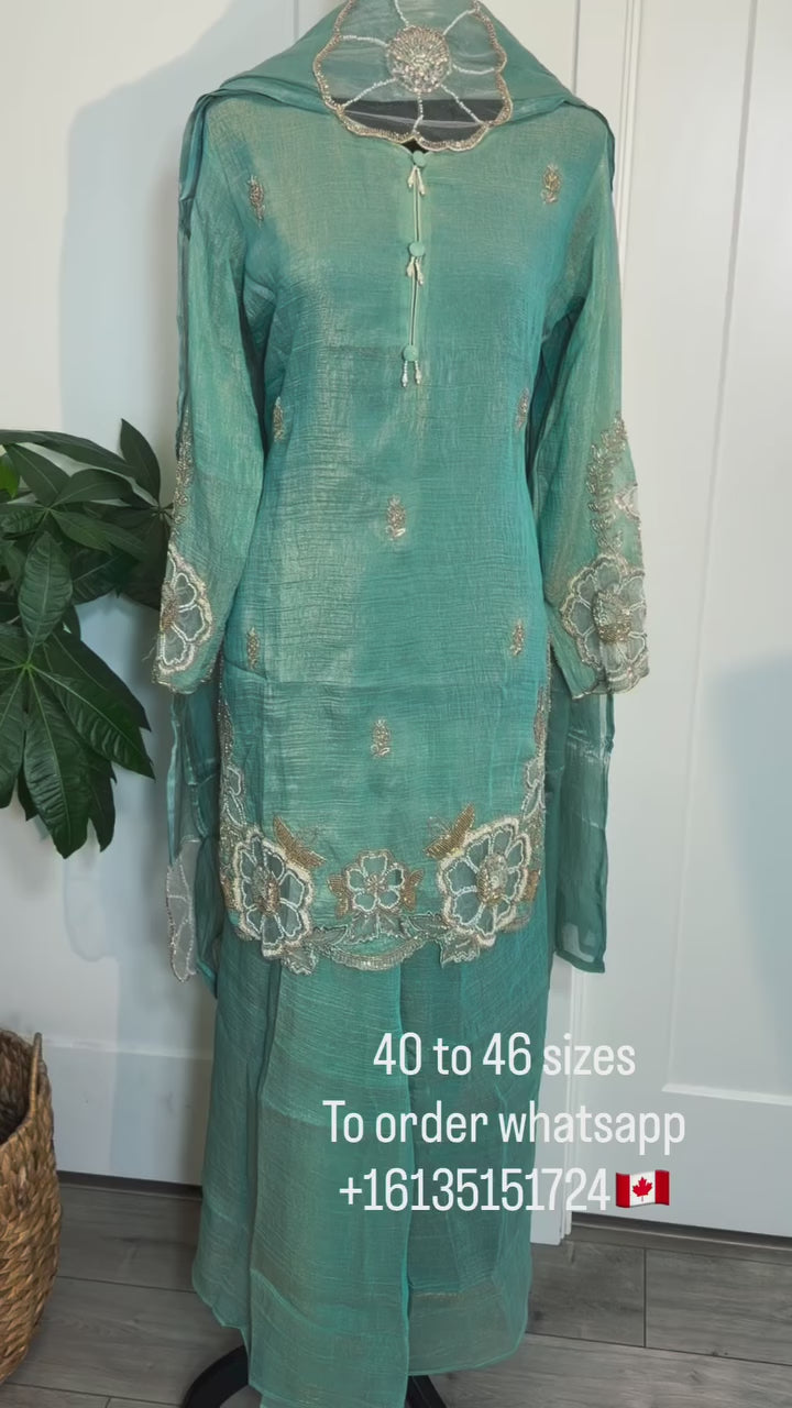 Aqua Blue Cutwork Pearl Suit