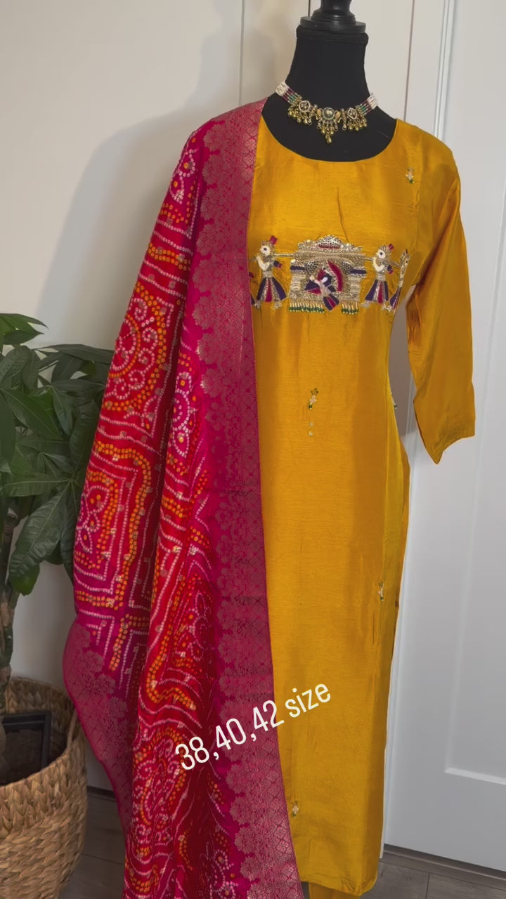 Yellow Dola Silk Suit with Bandhani Dupatta