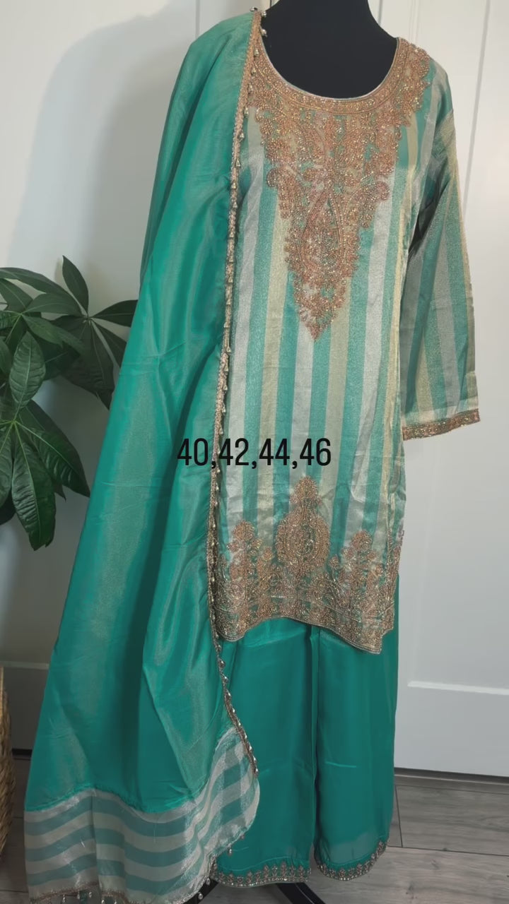 Aqua Striped Embroidered Suit