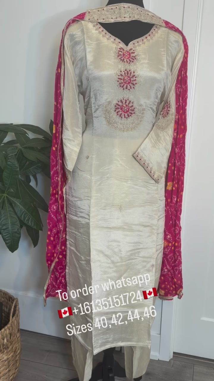 Ivory Suit with Pink Bandhani Dupatta