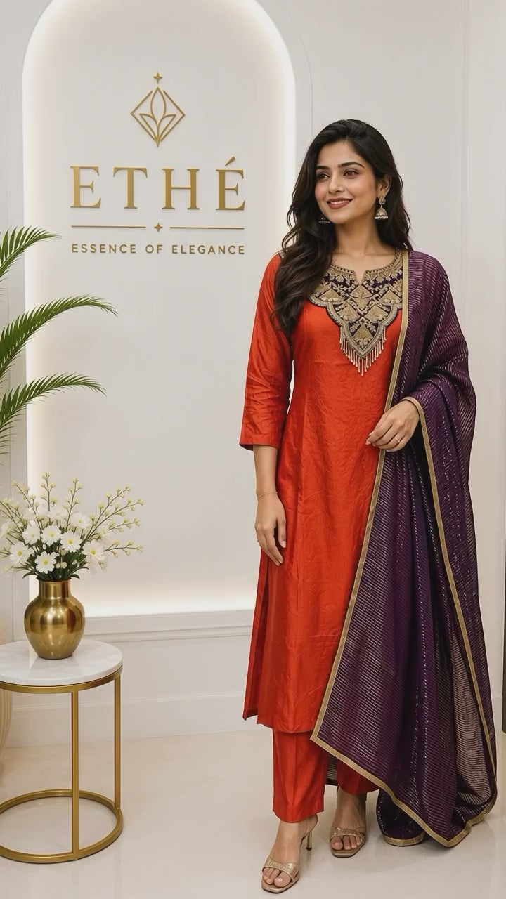 Orange Silk A-Line Suit with Pearl Tassels